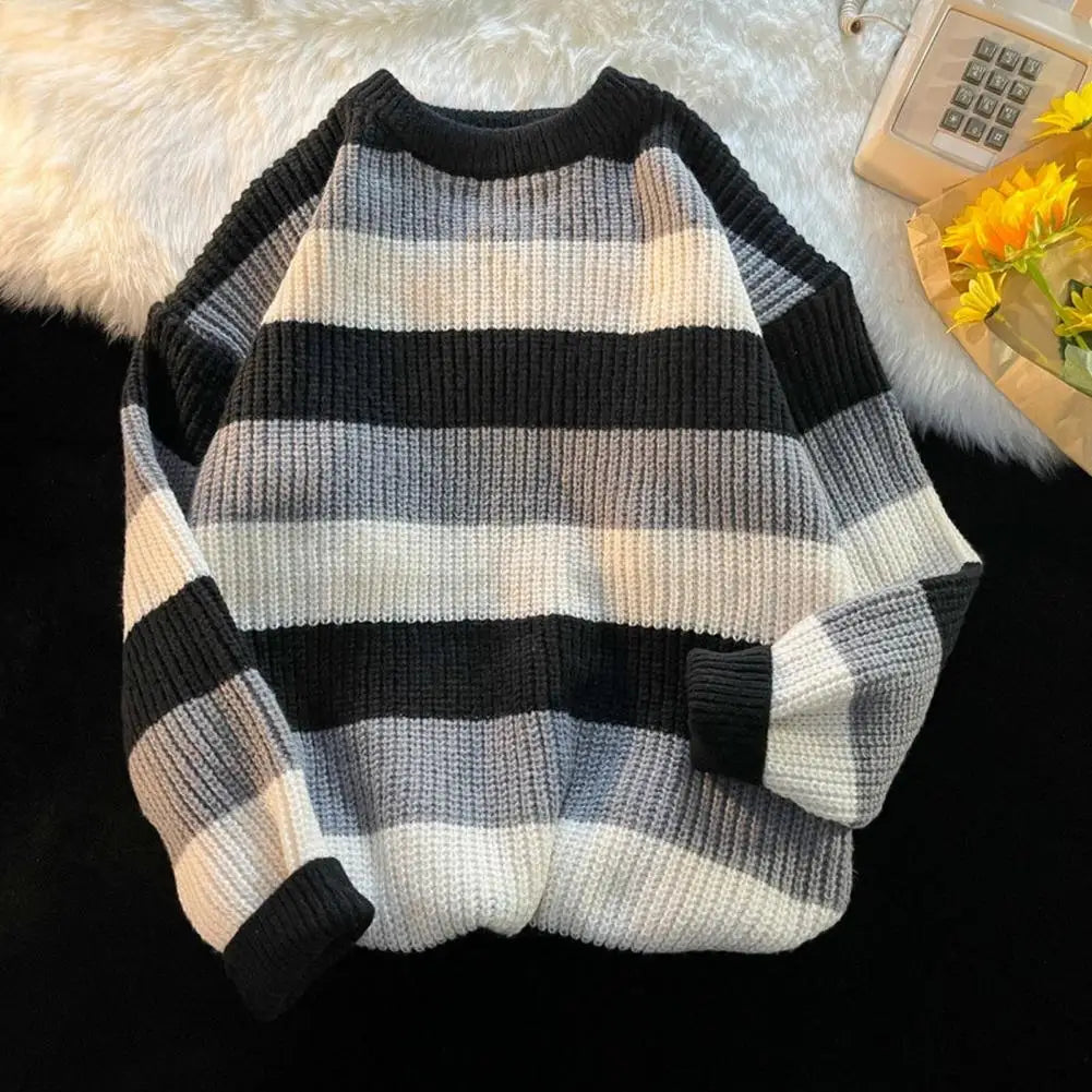 Round Neck Pullover Sweater Men Striped Sweater Men's Striped Colorblock Knitted Sweater Thick Warm O Neck Pullover for Fall