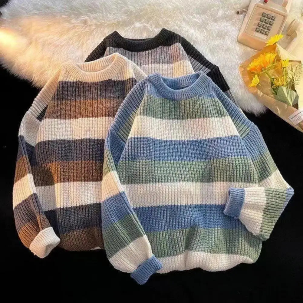 Round Neck Pullover Sweater Men Striped Sweater Men's Striped Colorblock Knitted Sweater Thick Warm O Neck Pullover for Fall