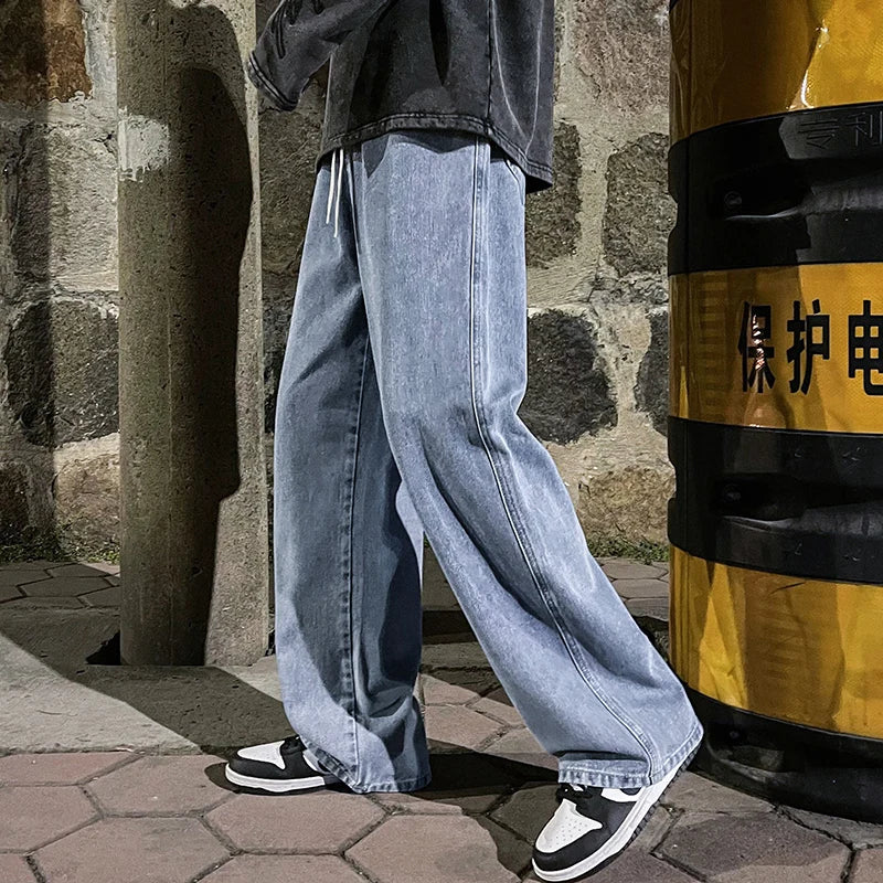 Korean Fashion Men's Baggy Jeans Elastic Waist  Classic olid Color Straight-leg Denim Wide-leg Pants Male Light Blue Grey Black