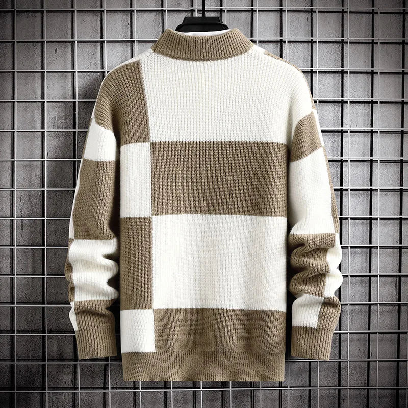 Brand Clothing Warm Autumn Winter Sweaters Men Casual Patchwork Color Knitted Pullovers Male Plaid Round Neck Sweater Man 4XL-M