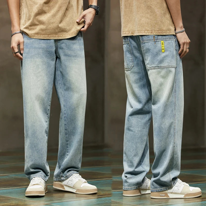 Jeans Men Baggy Pants Wide Leg Summer Straight Loose Fit Retro Blue Denim Pants Streetwear Fashion Pockets Vintage Man Clothes