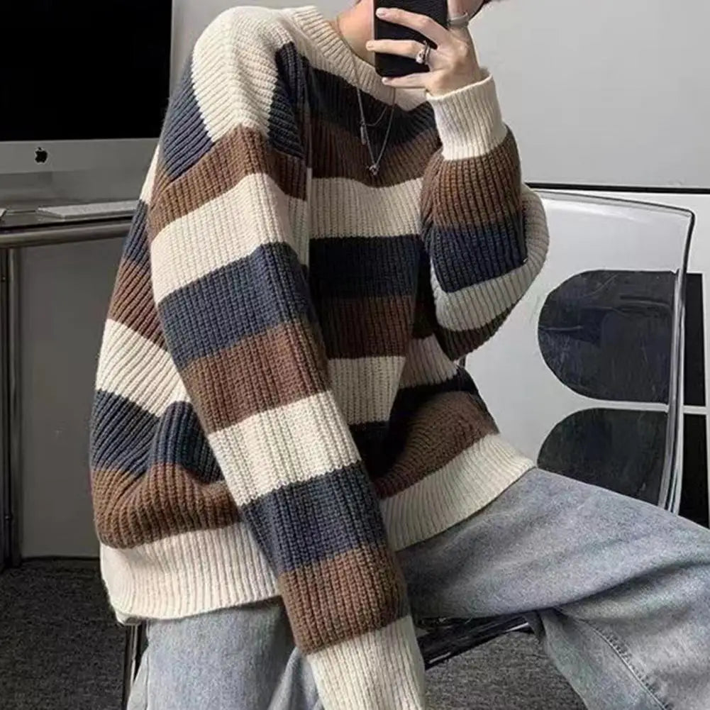 Round Neck Pullover Sweater Men Striped Sweater Men's Striped Colorblock Knitted Sweater Thick Warm O Neck Pullover for Fall